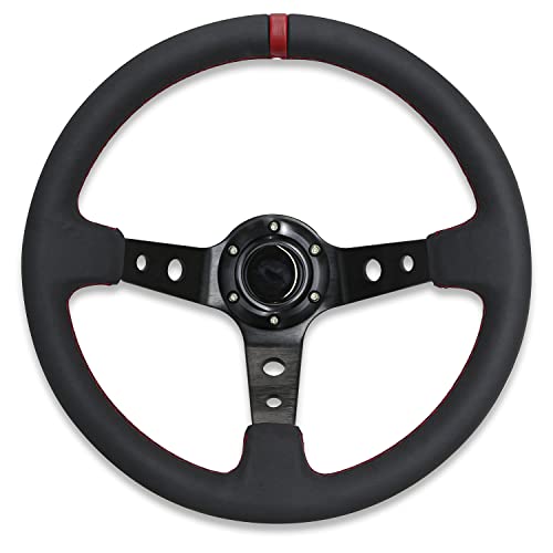 M MODAUTO Volante Deportivo Universal, Desplazado (G016-Piel Sintética-Parche Rojo)