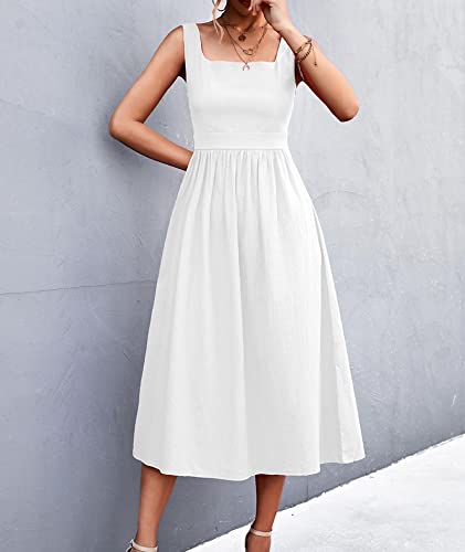 Image of xxxiticat Women's Square Collar Casual Dress Sleeveless Pleated A-Line Summer Beach Boho Elegant Backless Midi Dress