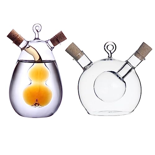 BEIJIALY 2pcs 2 in 1 Olive Oil Vinegar Dispenser Cruet, Clear Glass Vinegar and Oil Bottles with Cork Stoppers, Double Pourer Spout Oil Dispenser Bottle Kitchen Cooking Container (Transparent)