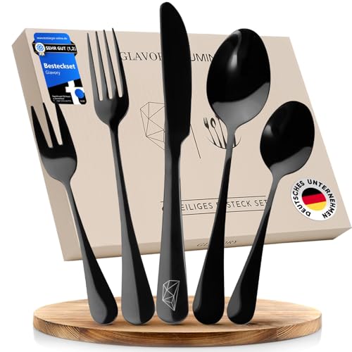 Glavory Lumina - Besteck Set 6 Personen Schwarz Hochglanz - 30teilig - Besteckset Spülmaschinenfest aus rostfreiem 18/8 Edelstahl - Schwarzes Besteck mit edler Verpackung