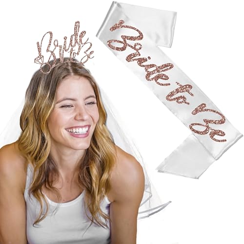 Bride Sash and Veil - Set of 3: Rose Gold Glam Bride to Be White Bridal Grade Satin Sash, Matching Headband, & White Veil - Bachelorette Party Outfit Idea - Gift Set3(SLV Dia)