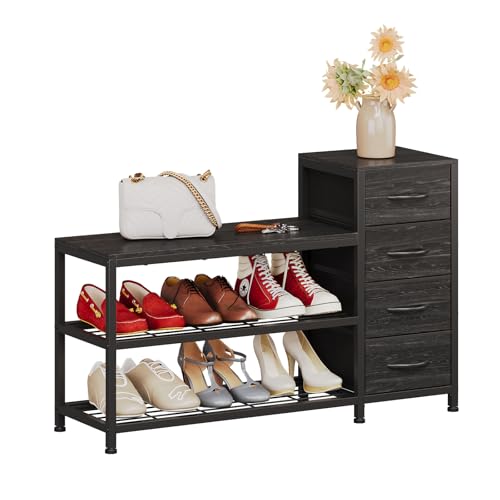 Image of EXOTICA Industrial Shoe Storage Bench with 4 Drawers & Seat, Black