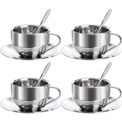4 Pack Stainless Steel Coffee Cup Set, 6 Oz Coffee Mugs with Spoon and Saucer, Double Walled Espresso Cups Mugs for Coffee, Latte,Tea, Milk