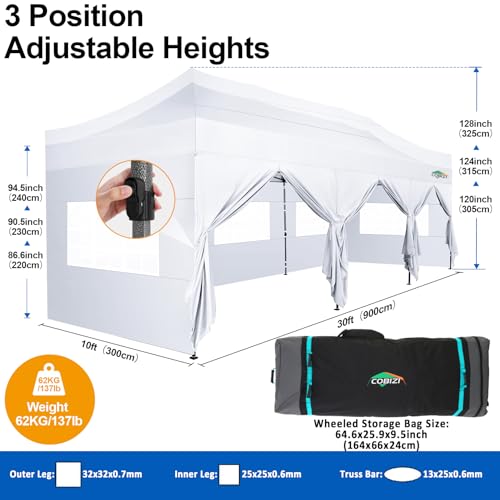 Image of COBIZI 10x30 Pop Up Canopy Tent with 8 Sidewalls,Heavy Duty Canopy,White