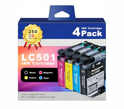 AURASKY LC501 Standard Yield Ink Cartridges for Brother LC501 — Compatible with MFC-J1260DW / J1360DW / J1410DW Printers — Replacement Black, Cyan, Magenta, Yellow (4-Pack)