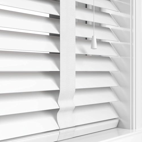 Funky Gadgets Faux Wood Blinds Wooden Grain window Venetian Blind 50mm Horizontal Smooth Slats with Tape White Silver/Grey TRIMMABLE Child Safe (White, W114cmxL150cm)