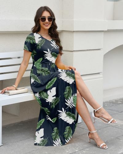 Image of COSSEN Women's Crew Neck Short Sleeve Maxi Dress with Pockets Casual Loose Swing for Wedding Guest Beach Vacation