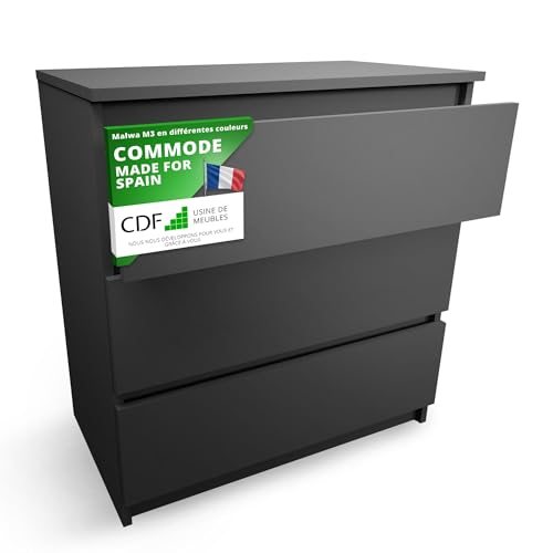 CDF Commode 3 Tiroirs Commode Chambre Noir Design Minimaliste Meuble de Rangement Spacieux pour Chambre Salon Bureau Spacieuse et Design Style Moderne Facile...
