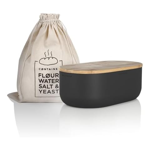 LARS NYSØM Bread Box I Metal bread box with linen bread bag for long lasting freshness I Bread box with bamboo lid usable as cutting board I 14.2x7.5x5.1 In (Carbon Black) Cover