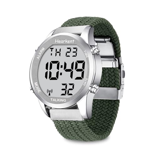 Hearkent Reloj parlante con discapacidad visual por radio, voz alemana, LCD, números grandes, fácil de leer, reloj de pulsera para personas mayores, reloj para ciegos, Nylon Verde