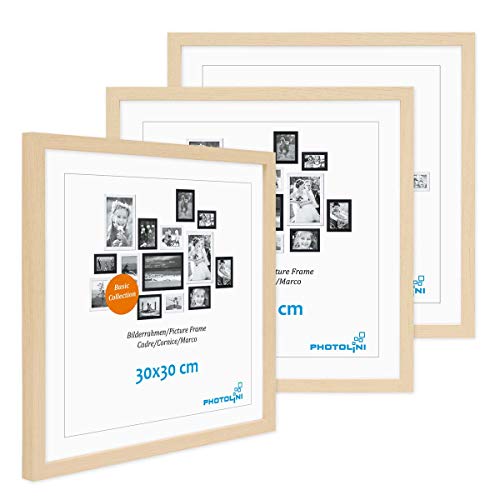Photolini Juego de 3 Marcos 30x30 cm Modernos, Naturales de MDF con Vidrio acrílico, Incluyendo Accesorios/Collage de Fotos/galería de imágenes