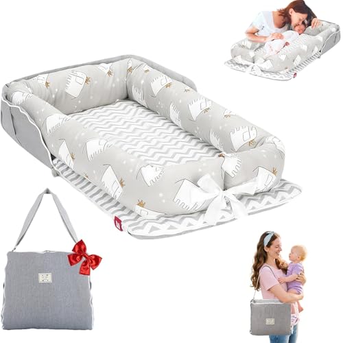 Image of Baby Lounger 0-24 Months,Portable Baby Lounger for Newborn Breathable Cotton for Home and Travel with Strap,Infant Lounger Adjustable Size,Elephant Grey