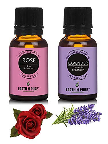 Image of Earth N Pure Lavender & Rose Essential Oils | Pack of 2 (15 ml each) | 100% Pure, Undiluted, Natural and Therapeutic Grade - Perfect for Aromatherapy, Skin Therapy & More