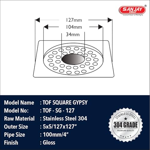 Image of SS Floor Drain with Pipe Hole for Bathroom Grating 304 Grade | Kitchen Sink Drain Cover Jali Washbasin Bathtub Laundry Balcony Waste Water Drainer (Square Gypsy 5 x 5 INCH)