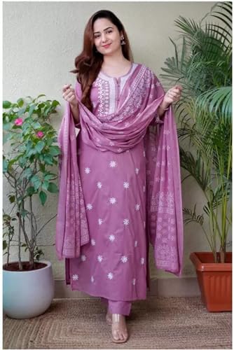Image of BHARVITA Women's Cotton Embroidered Chikankari Work Straight Kurta Dupatta Pant Set