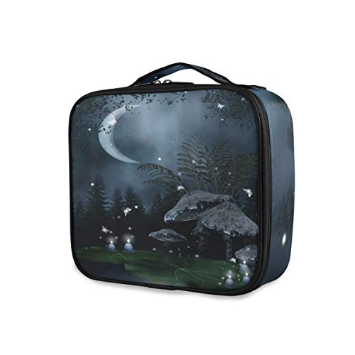 Preisvergleich Produktbild SUGARHE Fantasie Forest Mushrooms Green Lotus Leaves Laternen Schmetterlings sichelförmige Märchen NachtlandschaftKosmetik Reise Kulturbeutel Täschchen mit Reißverschluss