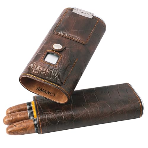 AMANCY Luxury 3 Holder Classy Black Brown Crocodile Pattern Leather Cigar Humidor Case Set with Lighter and Cutter - Great Cigar Gift Kit for Men - Image 3