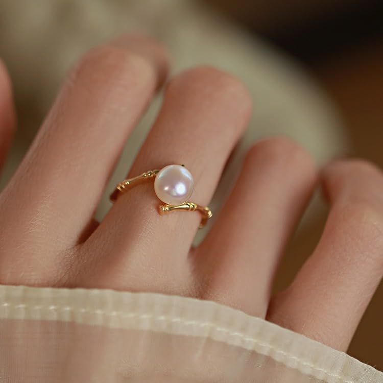 925 Sterling Silver Freshwater Cultured Pearl Ring Gold Pearl Promise Ring for Women tatement Expandable Adjustable Rings Pearl Ball Open Rings （Gold）