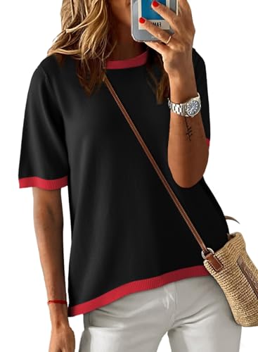 Image of Dokotoo Womens Tops 2026 Casual Summer Crewneck Short Sleeve Striped Color Block Knit High Low Trendy Pullover Sweaters