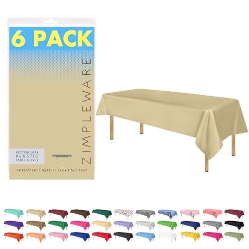 ZIMPLEWARE Premium Beige Plastic Table Cloth Disposable (6 Pk) Plastic Tablecloths for Rectangle Tables (54in x 108in) Party Table Cloths Disposable for 6ft to 8ft Rectangle Tables
