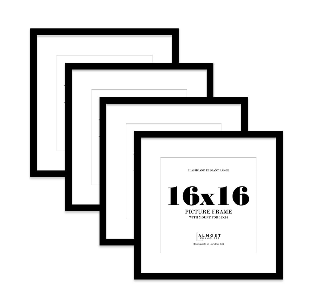 16x16 Black Picture Frame with Mount for 14x14 Photos, Prints - Modern Square Wall Frame, Set of 4
