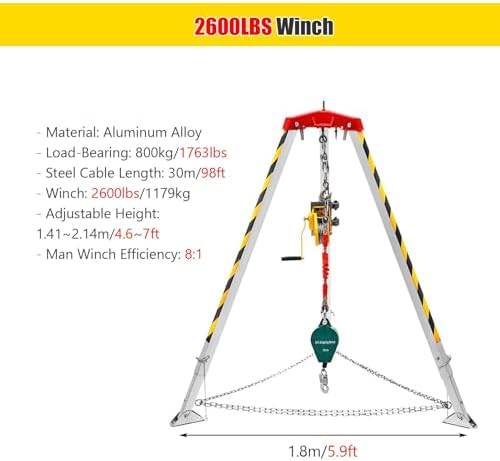 Portable 7ft Tripod Fall Arrest Kit - Foldable Aluminum Emergency Rescue Equipment for Confined Spaces, Ideal for Construction & Industrial Safety, Heavy-Duty Rope System