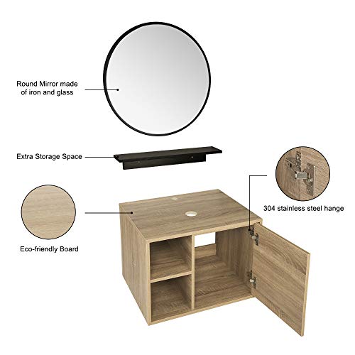 YOURLITE Cabinet Vanity, 24\' White Ceramic Sink, Wall-Mounted, Floating Bathroom Cabinet with Mirror, Shelves & Faucet, 23.6x18.9x17(LxWxH)in