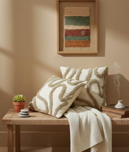 Image of Furnistitchs Premium Decorative Throw Cushion Pillow Cover Boho Home Decor - Living Room Bedroom Couch Sofa Cushion Covers 16 inch x 16 inch (2, Cream Multi Zigzag)