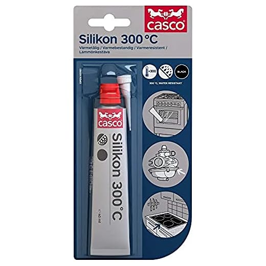 Casco Silikon 300°C - Främst för limning/tätning av luckor till ugnen och andra värmeutsatta områden. Bra vidhäftning mot många material. Vattentålig. Svart. 40 ML.