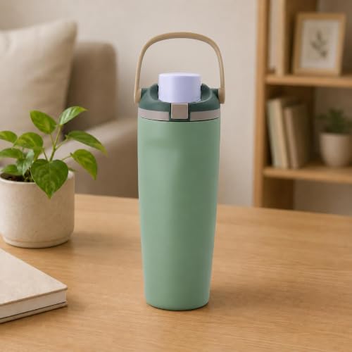 Image of HomeCloud 900ML Stainless Steel Water Bottle - Double-Wall Vacuum Insulated, Leakproof Straw Lid, BPA-Free Reusable Travel Flask with Two-Way Spout for Gym, Office & Outdoor Use (Green Grey)