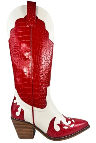 ARIDER GIRL Pamela Women's Knee-High Croco Printed Stacked Heel Snip Pointed Toe Western Boots4