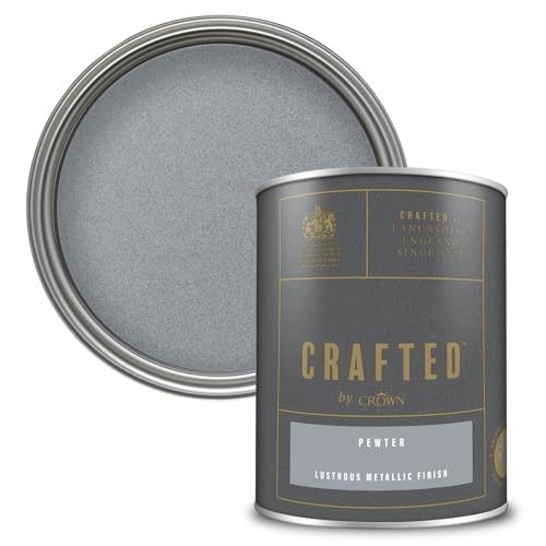 Image of Crown CRAFTED Pewter Metallic Paint - Silver Metallic Paint for Walls and Wood - Shimmer Feature Wall Paint - Water Based, Multi Surface Paint - 1.25L