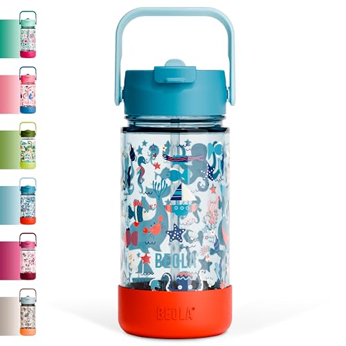 BEOLA 500ml Kids Water Bottle with Straw Lid and Silicone Protective Boot Tritan Plastic BPA BPS FREE Leak Proof and Drop Resistant Kids Water Bottles for School (Sea Vibes)