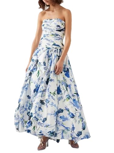 Women Sexy Strapless Printed Split Deign Long Bubble Dress Sleeveless Backless High Waist Patchwork Folds Dresses