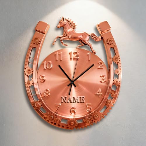 Horloge murale personnalisée en forme de fer à cheval avec nom personnalisé - Décoration murale 2D pour maison, chambre à coucher, salon, cadeau...