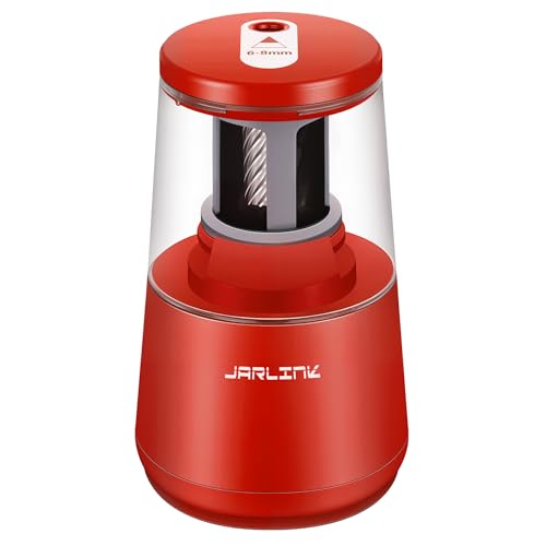 JARLINK Electric Pencil Sharpener, Heavy-Duty Helical Blade to Fast Sharpen, Auto Stop for No.2/Colored Pencils(6-8mm), AC Adapter/Battery Operated in School Classroom/Office/Home (Red)