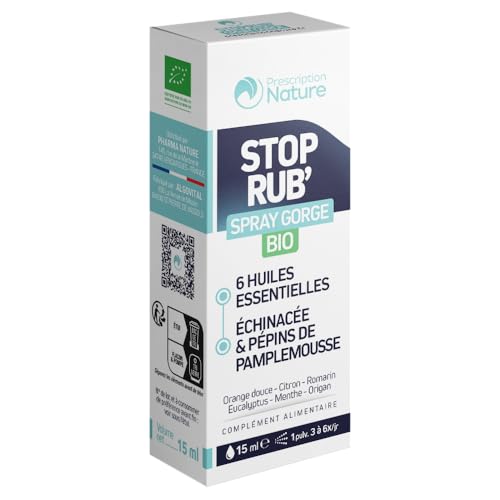 Prescription Nature - STOP'RUB - Spray Gorge Bio - Complément Alimentaire Maux de Gorge - 6 Huiles Essentielles, Extraits d’Échinacée et de Pépins de Pamplemousse - 15 ml
