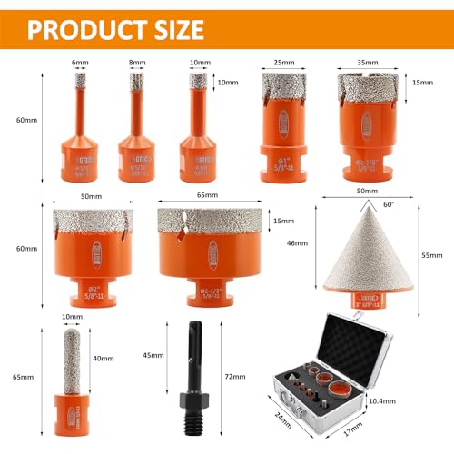 Image of Diamond Core Drill Bit Kit BGTEC Diamond Hole Saw Tile Cutter for Porcelain Tile Ceramic Marble Brick, 5 /8 inch-11 Thread 6 /8 /10 /25 /35 /50 /65mm+10mm Finger Bit+50mm Chamfer Bit+SDS Plus Adapter