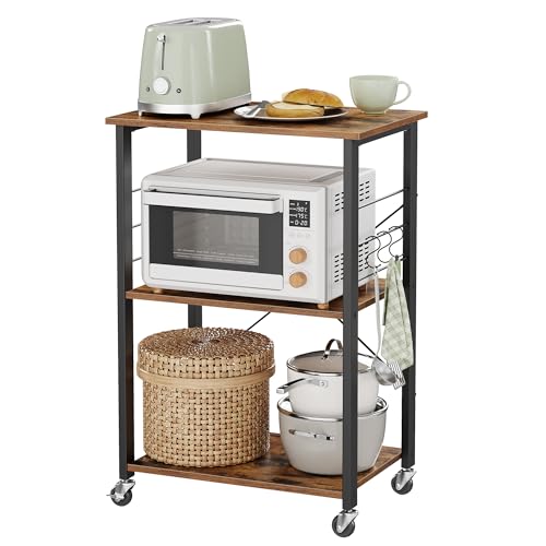VASAGLE Carrello da Cucina con Rotelle, Carrello di Servizio con 3 Ripiani, Scaffale per Microonde, Forno, Tostapane, Struttura...