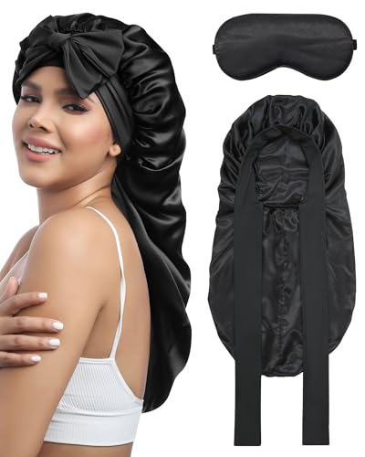 Awaytr Long Hair Bonnet For Sleeping - Double Layer Long Elastic Tie Band Satin Bonnet For Women With Sleep Eye Mask cover