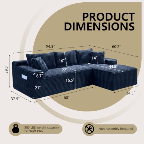 Image of 94.5 inch L Shaped Boneless Sectional Corduroy Couches for Living Room (Blue)