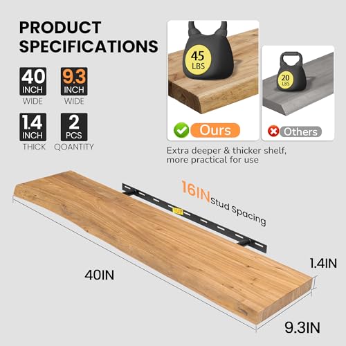 Image of Floating Shelves for Wall, Live Edge 40 inchW x 9.3 inchD x 1.5 inchH Wood Floating Shelf, Set of 2 with Invisible Heavy-Duty Metal Bracket, Deep Floating Shelf for Living Room Kitchen, Natural Finish