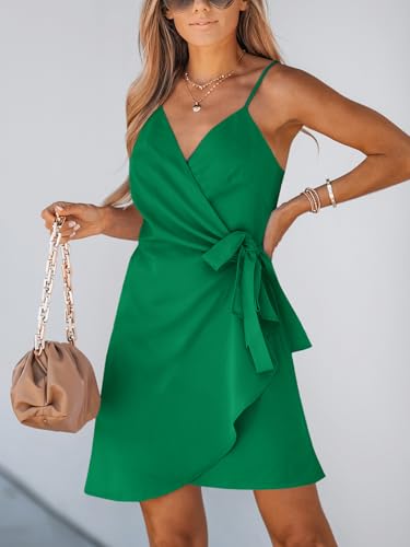 Image of CUPSHE Women Spaghetti Strap Summer Dress Surplice V Neck Wrap Waist Tie Casual Beach Sundress Holiday Vacation Mini Dress