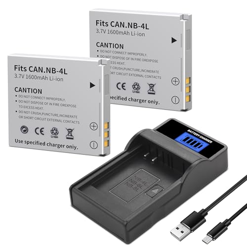 2-Pack NB-4L Battery LCD Slim USB Charger Compatible for Canon ELPH 100 HS
