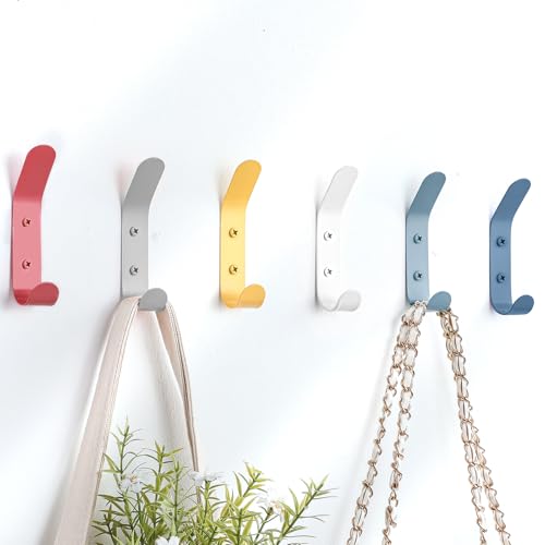 Leinuosen 6 Pack Cute Kids Coat Wall Hooks Colored Double Hook Steel Wall Rack Decorative Nordic Style Coat Utility for Keys Hat Nursery Bedroom and Bathroom(Colorful)
