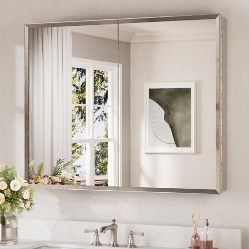 Keonjinn Large Medicine Cabinet Mirror 40 x 32 Inch, Brushed Nickel, 2 Door