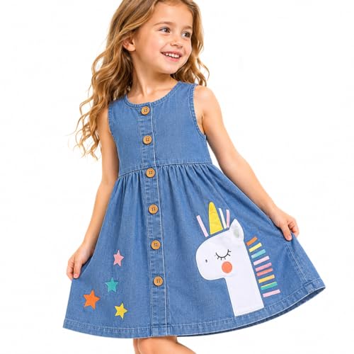 Image of HILEELANG Toddler Little Girl Summer Dress Sleeveless Cotton Casual Flower Shirt Playwear Jumper Skirt Sundress