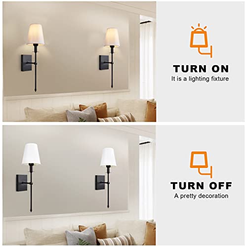 Passica Decor Wall Sconces Set Of Two 2 Pack Modern Matt Black With Vertical Rod And White Fabric Flared Shade,Versatile Used In Bathroom Stairway Fireplace Living Room Bedroom Farmhouse Nightstands #TOP2