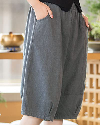 Aeneontrue Women's Summer Linen Shorts Elastic Waist Casual Wide Leg Bermuda Shorts With Pockets Gray M #TOP3
