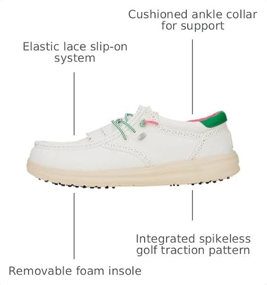 HEYDUDE Women's Wendy Golf Classic Slip On Golf Shoe | Spikeless Traction | Faux Leather Upper, Removable Kiltie, Elastic Laces, Soft Foam Insole, Cushioned Ankle Collar, Relaxed Fit, Flexible Outsole